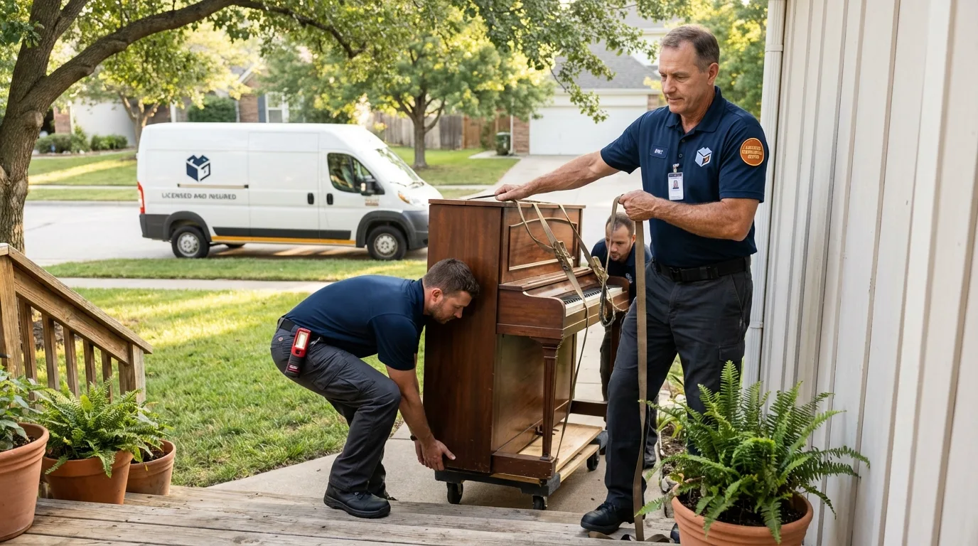 Licensed piano movers securing grand piano in Lomita, CA