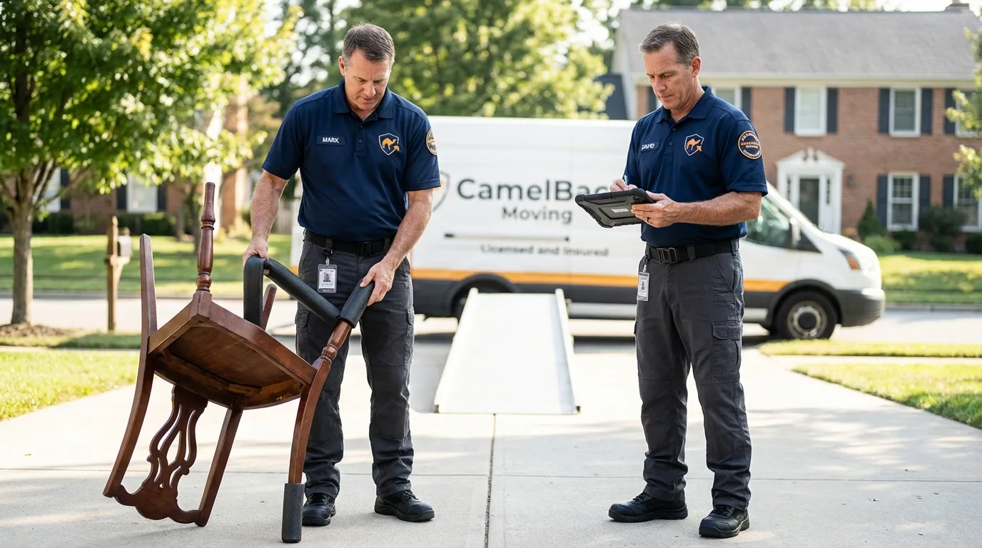 Movers inspecting furniture for damage prevention before loading in Lomita, CA